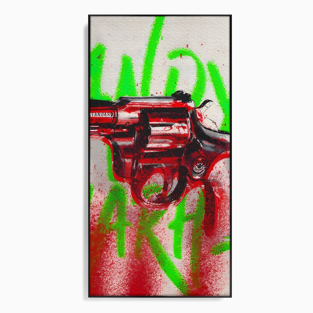 Tablou canvas cu tablou canvas cu pistol rosu si graffiti, in rama de aluminiu negru